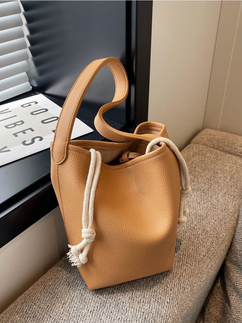 Litchi Embossed Bucket Bag With Insert Waterproof PU Fashion