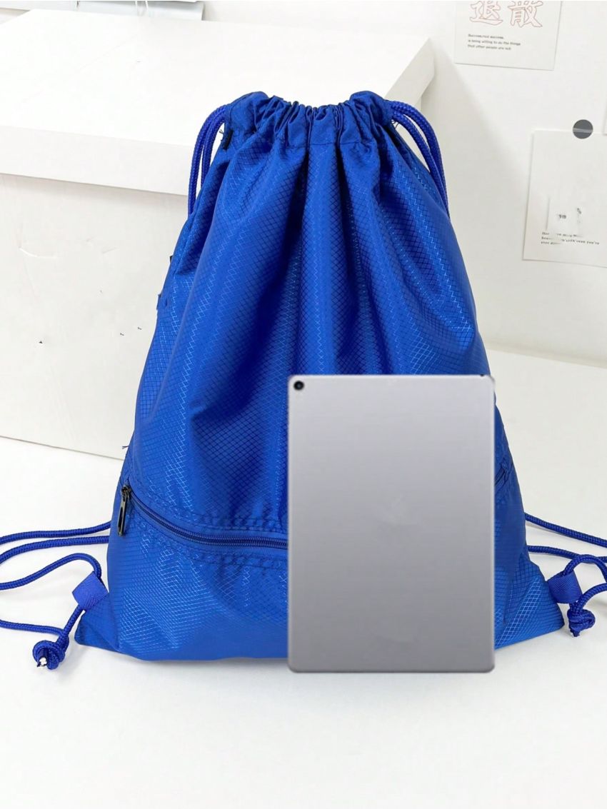 Oversized Drawstring Backpack Zip Front Blue Minimalist