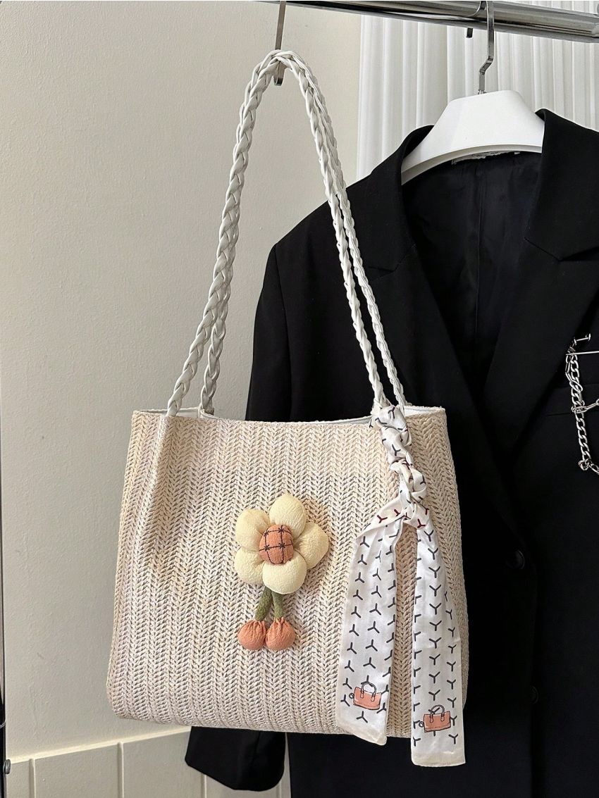 Medium Straw Bag Flower & Twilly Scarf Decor