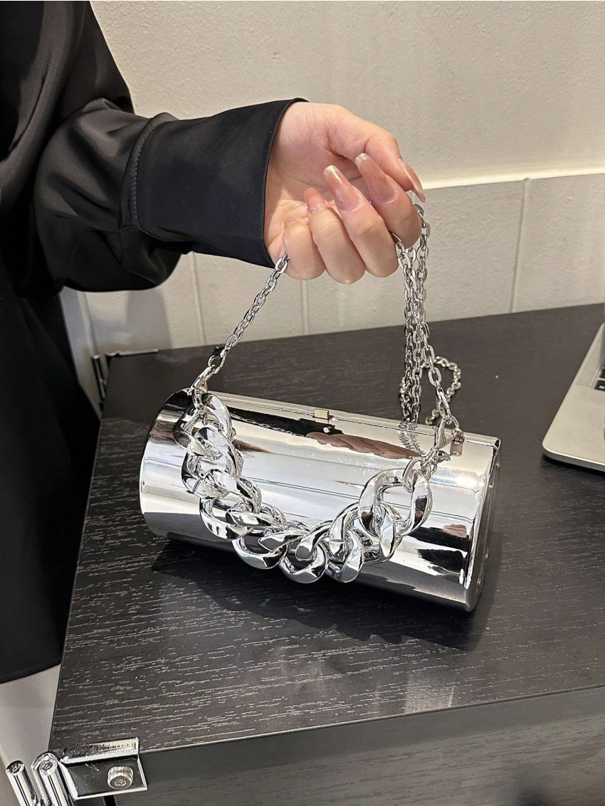 Mini Bucket Bag Chain Decor Metallic Funky, Perfect Bride Purse For Wedding, Prom & Party Events