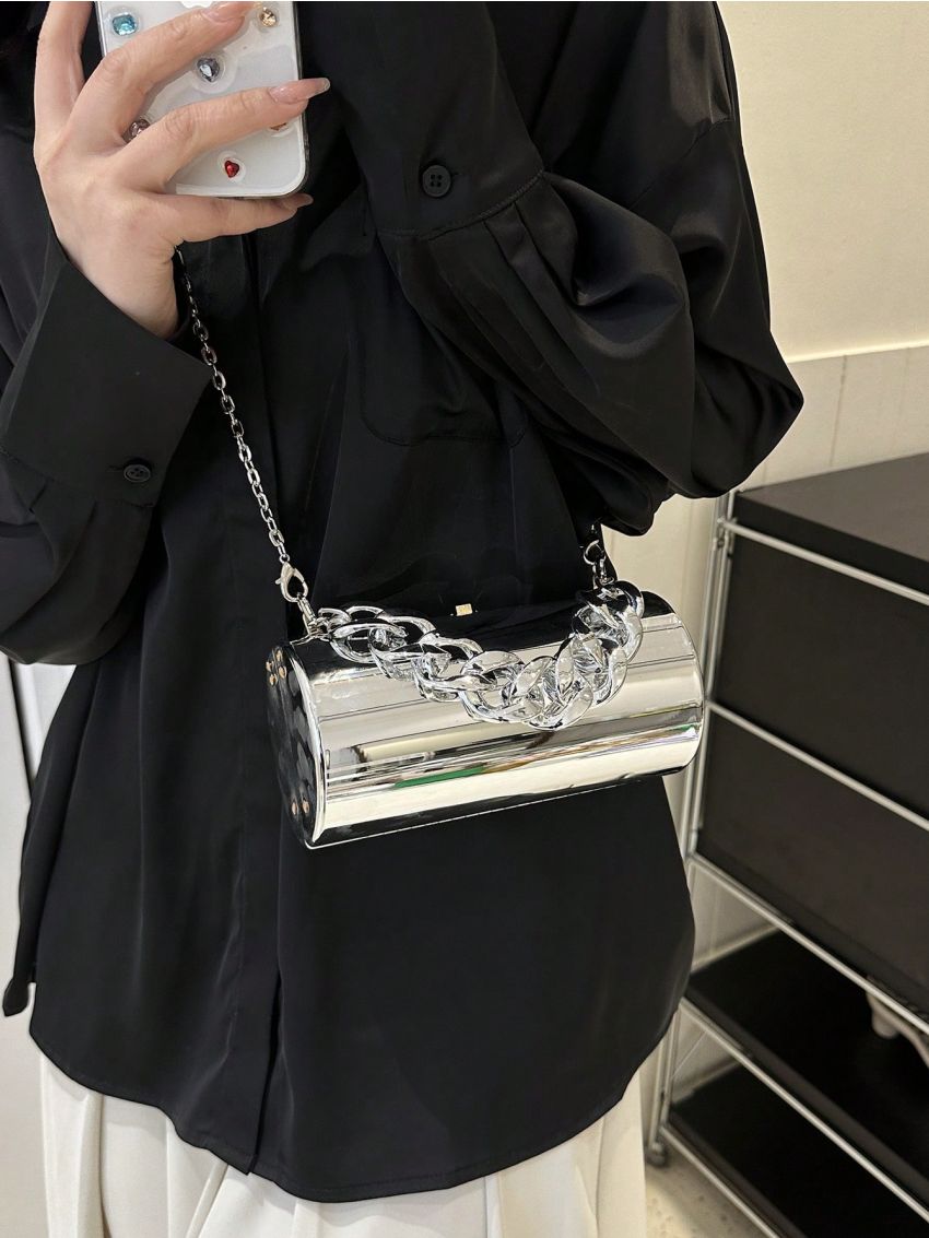 Mini Bucket Bag Chain Decor Metallic Funky, Perfect Bride Purse For Wedding, Prom & Party Events