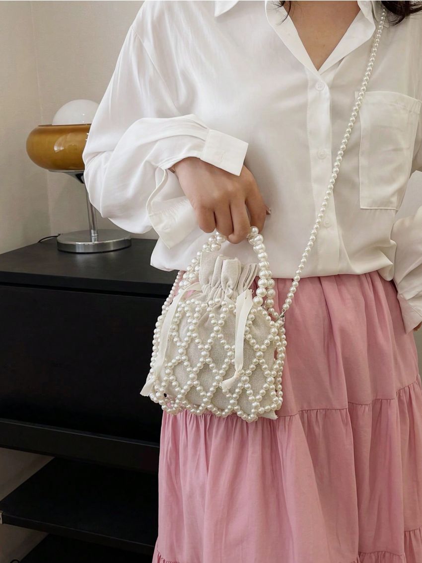 Mini Faux Pearl Decor Bucket Bag Drawstring Design