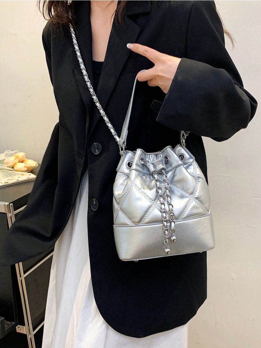 Mini Quilted Pattern Bucket Bag Drawstring Design Metallic Funky