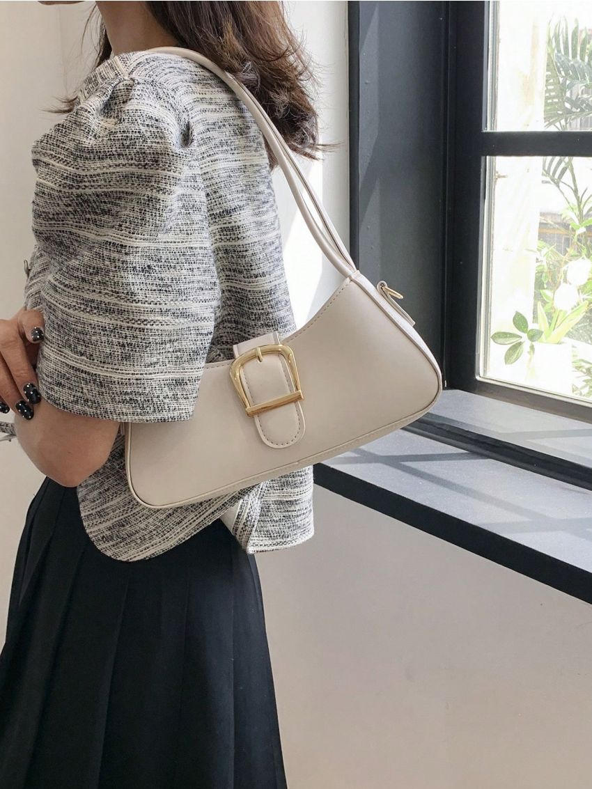 Medium Buckle Decor Baguette Bag Double Handle