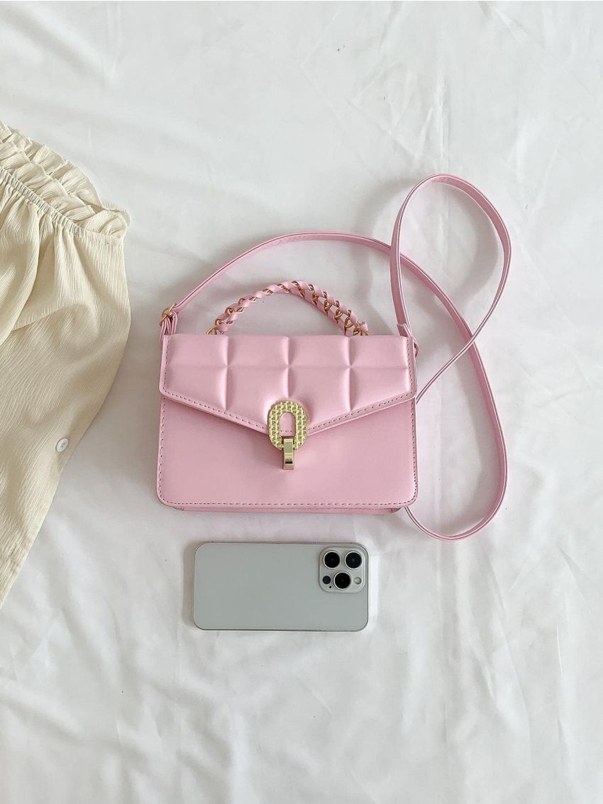 Simple Textured Square Bag, Women's Fashion Flap Purse, Solid PU Shoulder Bag