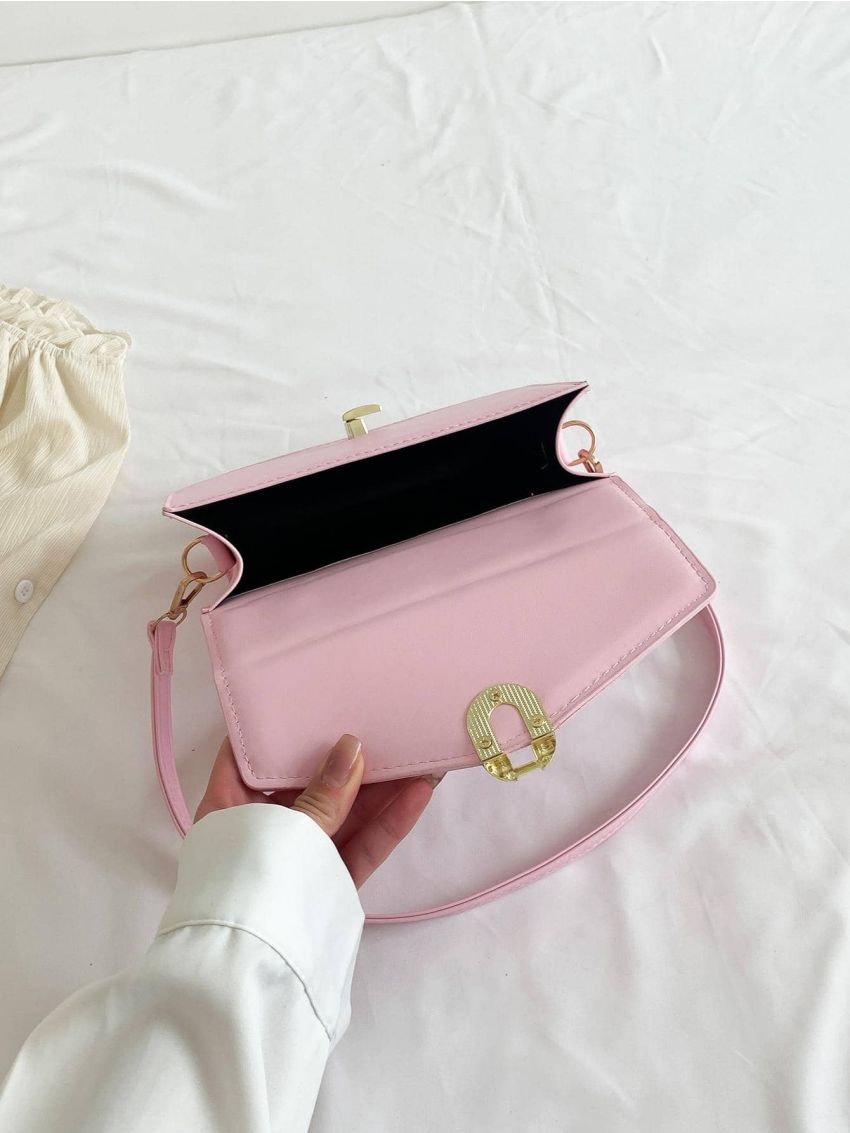 Simple Textured Square Bag, Women's Fashion Flap Purse, Solid PU Shoulder Bag