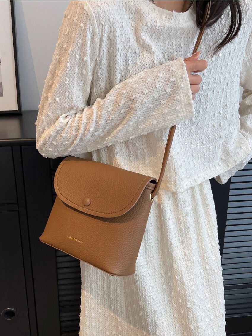 Mini Letter Graphic Flap Bucket Bag Litchi Embossed