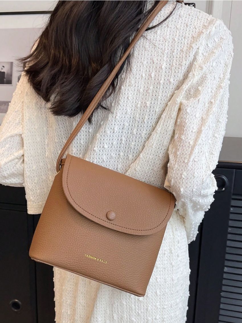 Mini Letter Graphic Flap Bucket Bag Litchi Embossed