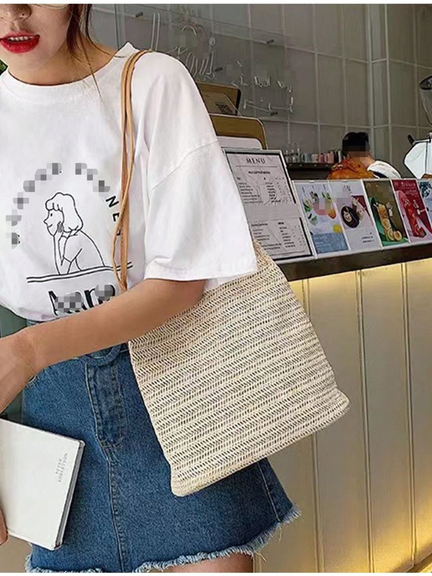Minimalist Straw Bag Double Handle Vacation Portable