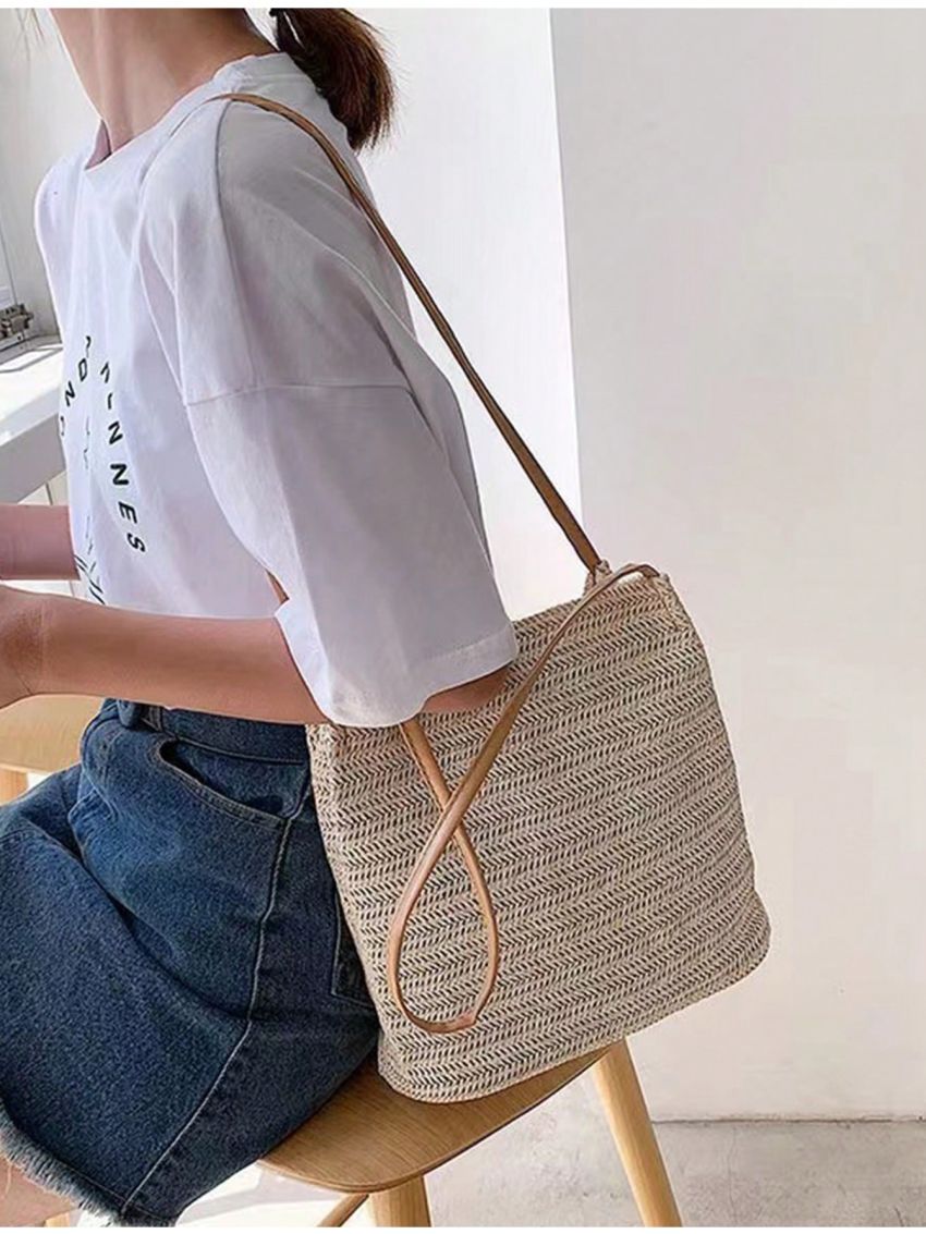 Minimalist Straw Bag Double Handle Vacation Portable