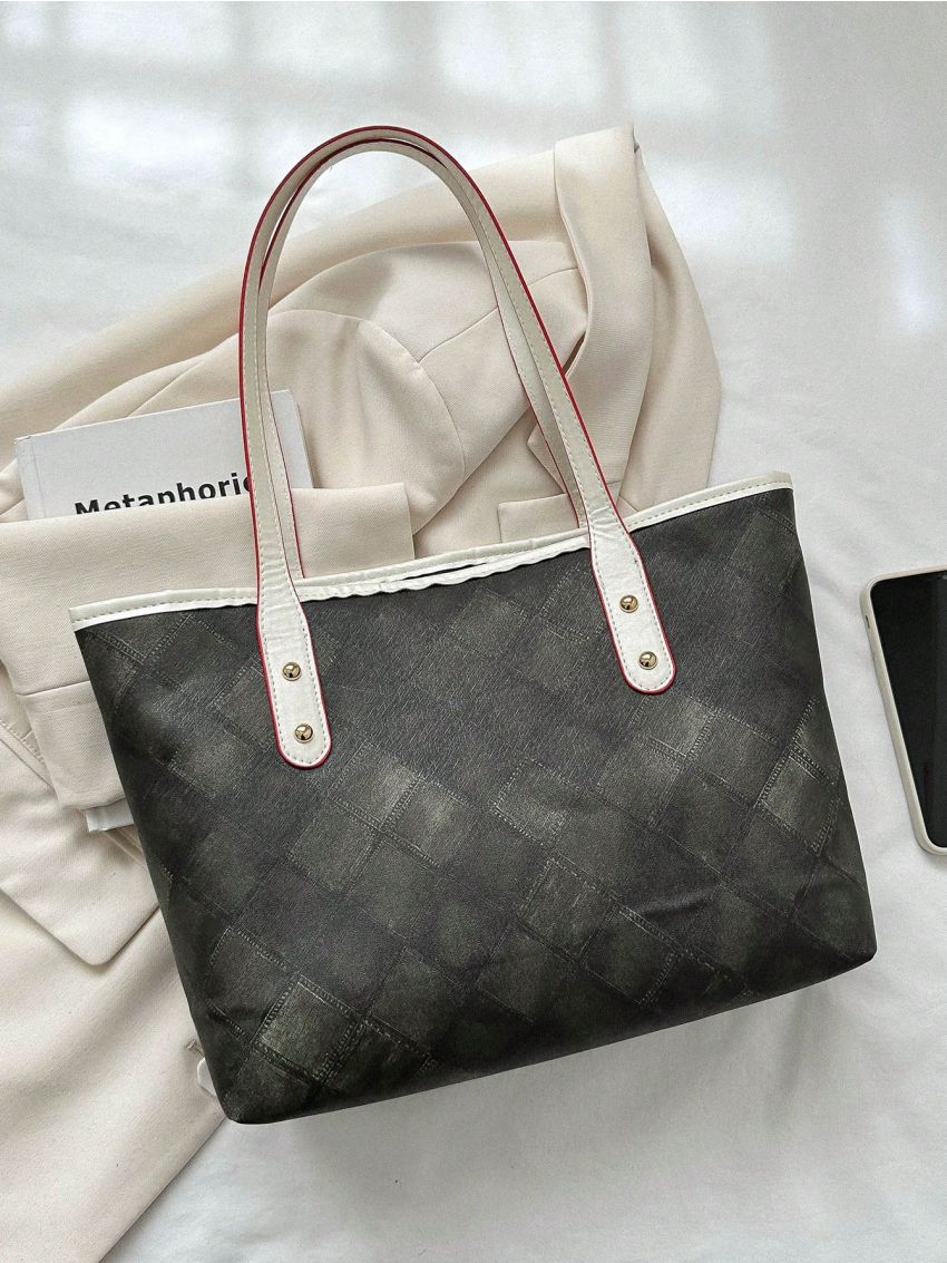 Geometric Pattern Shoulder Tote Bag Black Double Handle For Daily