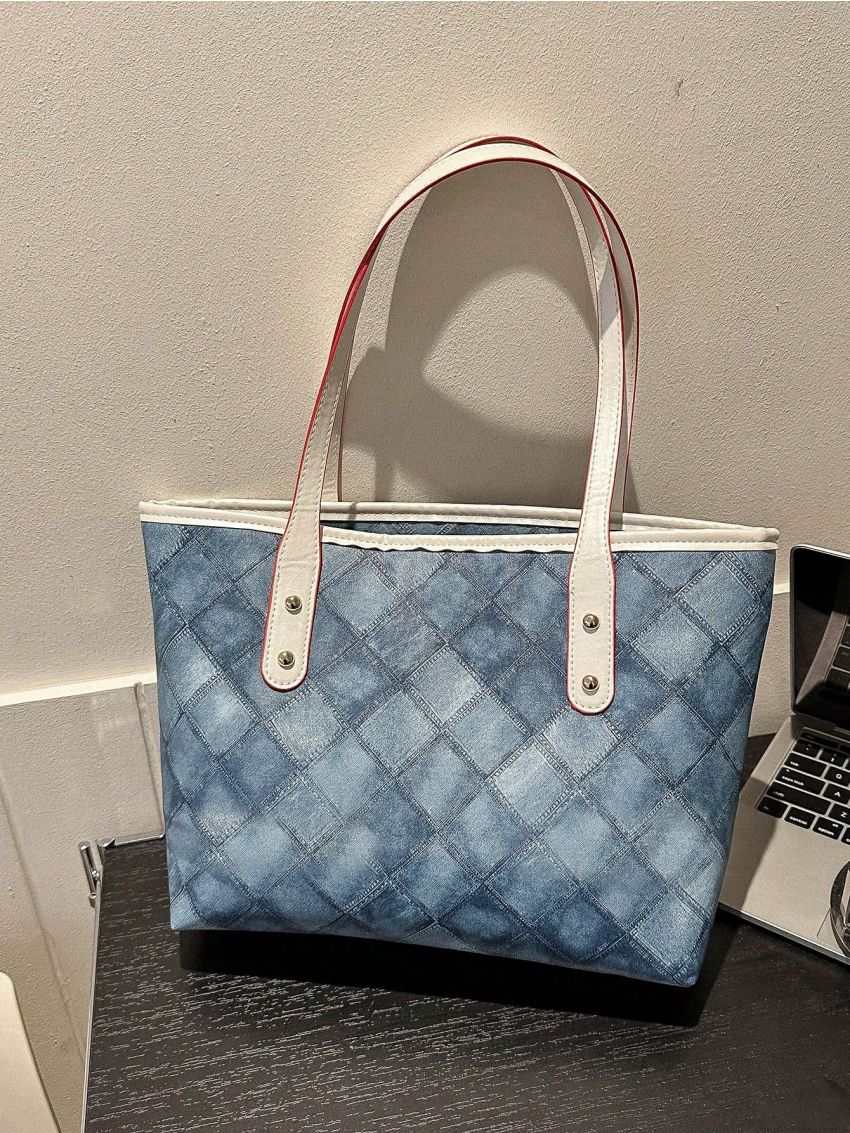 Geometric Pattern Shoulder Tote Bag Gray Double Handle For Daily