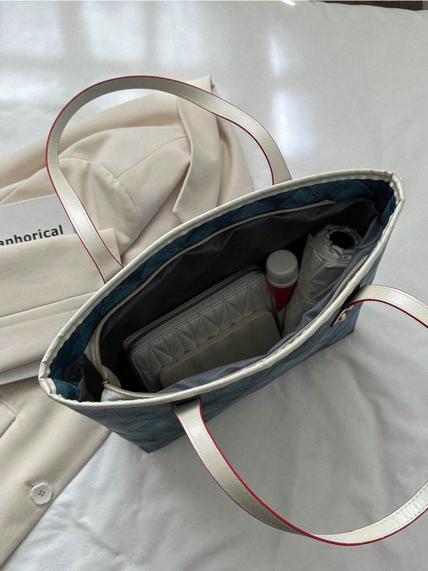 Geometric Pattern Shoulder Tote Bag Gray Double Handle For Daily