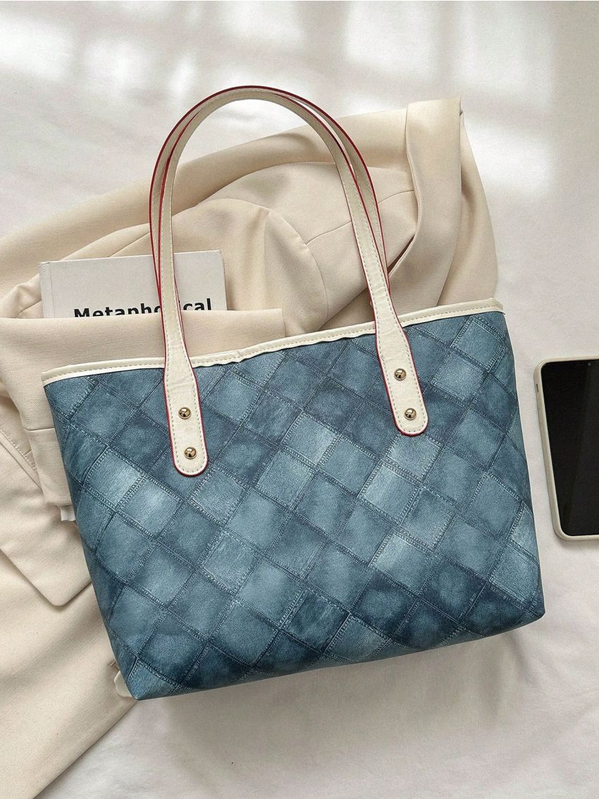 Geometric Pattern Shoulder Tote Bag Gray Double Handle For Daily