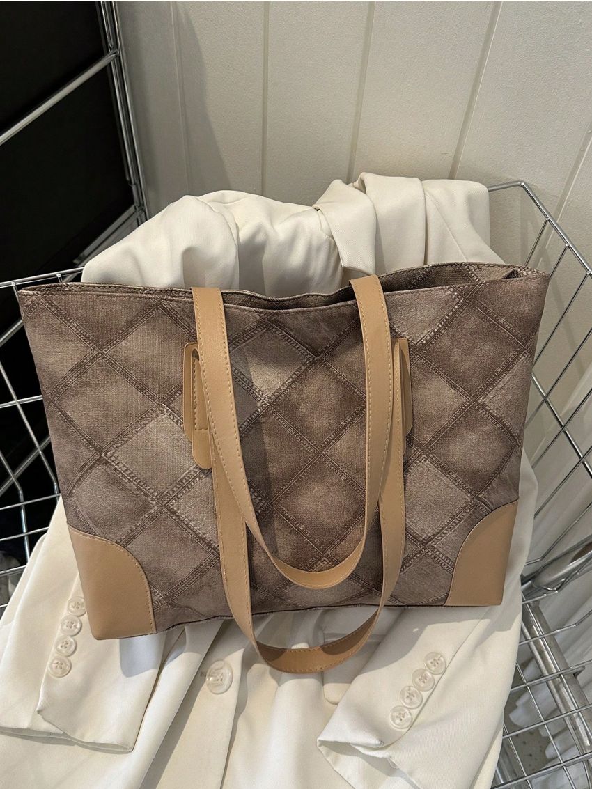 Argyle Quilted Shoulder Tote Bag Double Handle