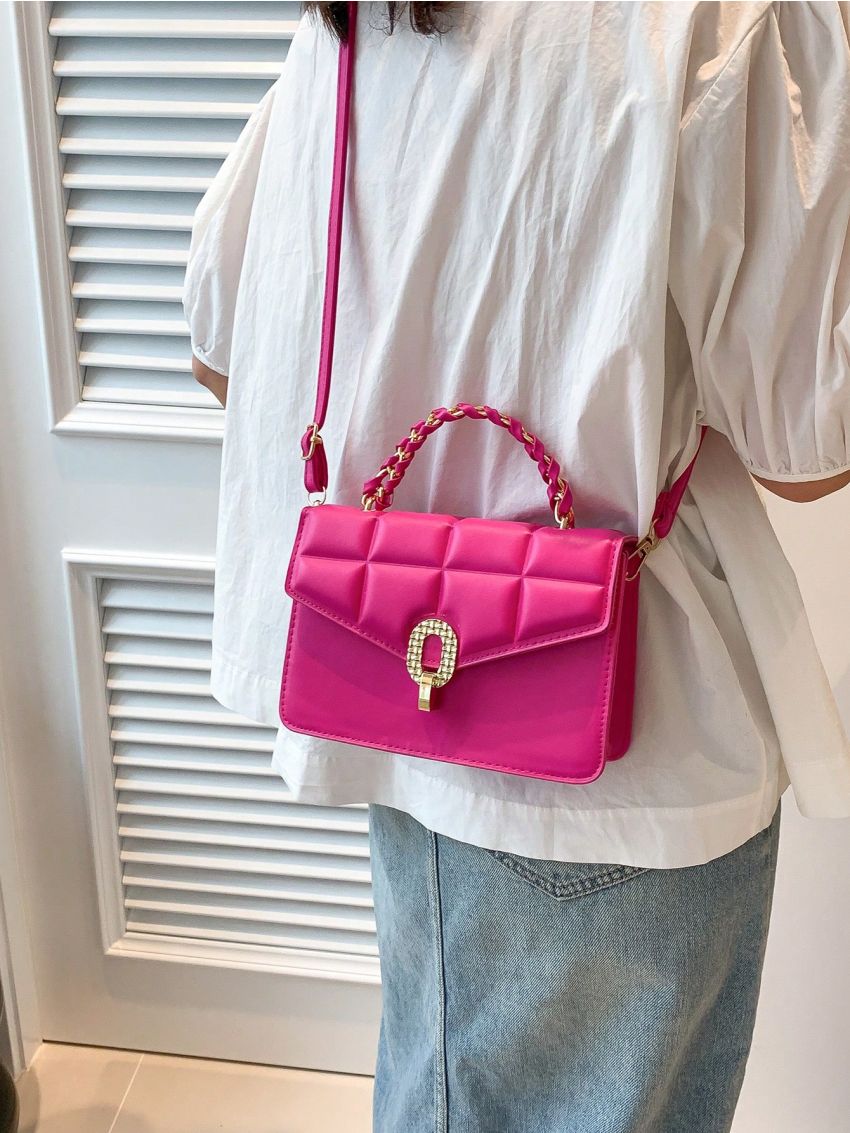 Mini Neon Pink Geometric Embossed Metal Lock Flap Square Bag Funky