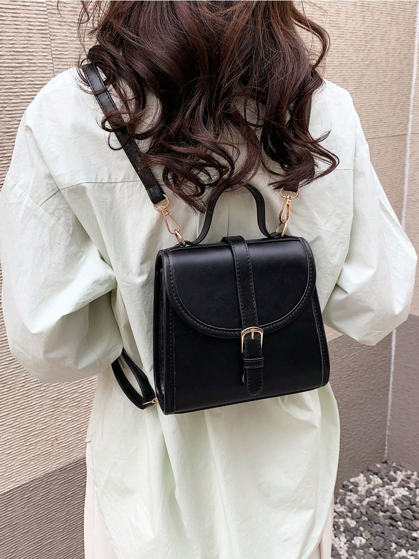 Mini Buckle Decor Flap Backpack Brown Elegant