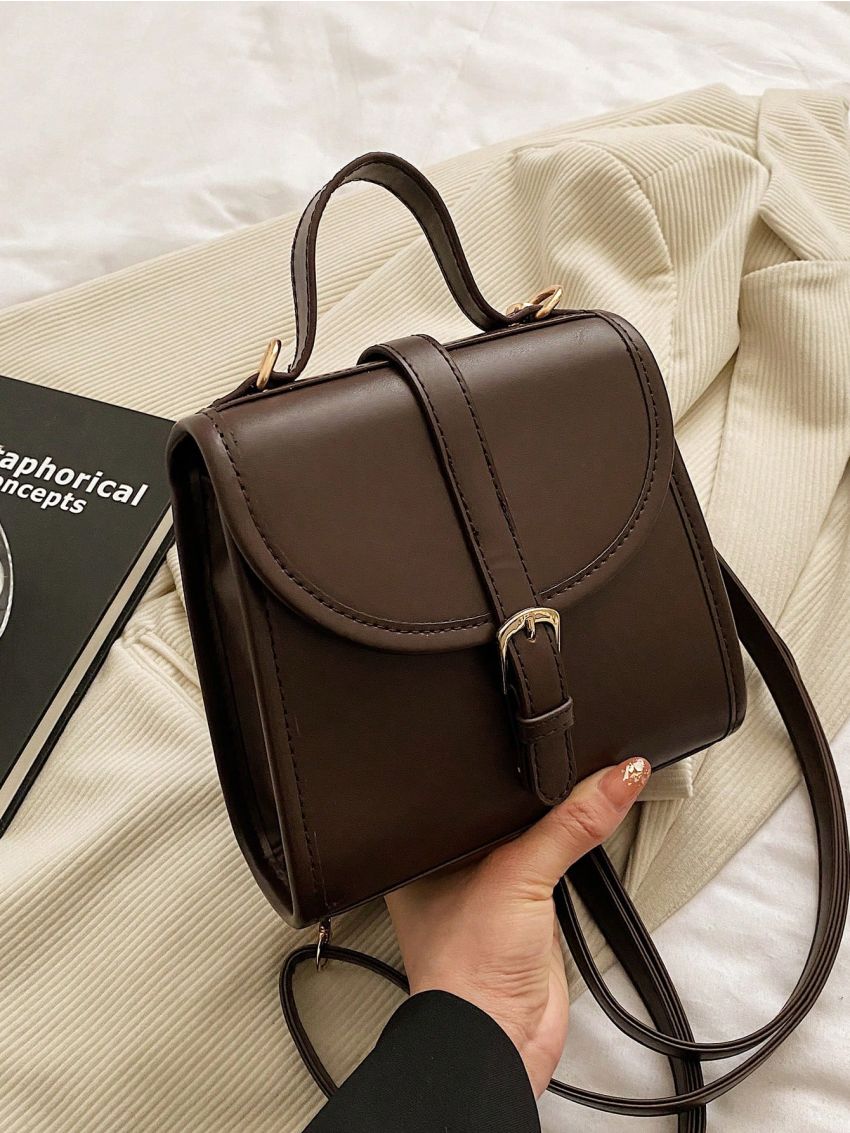 Mini Buckle Decor Flap Backpack Brown Elegant