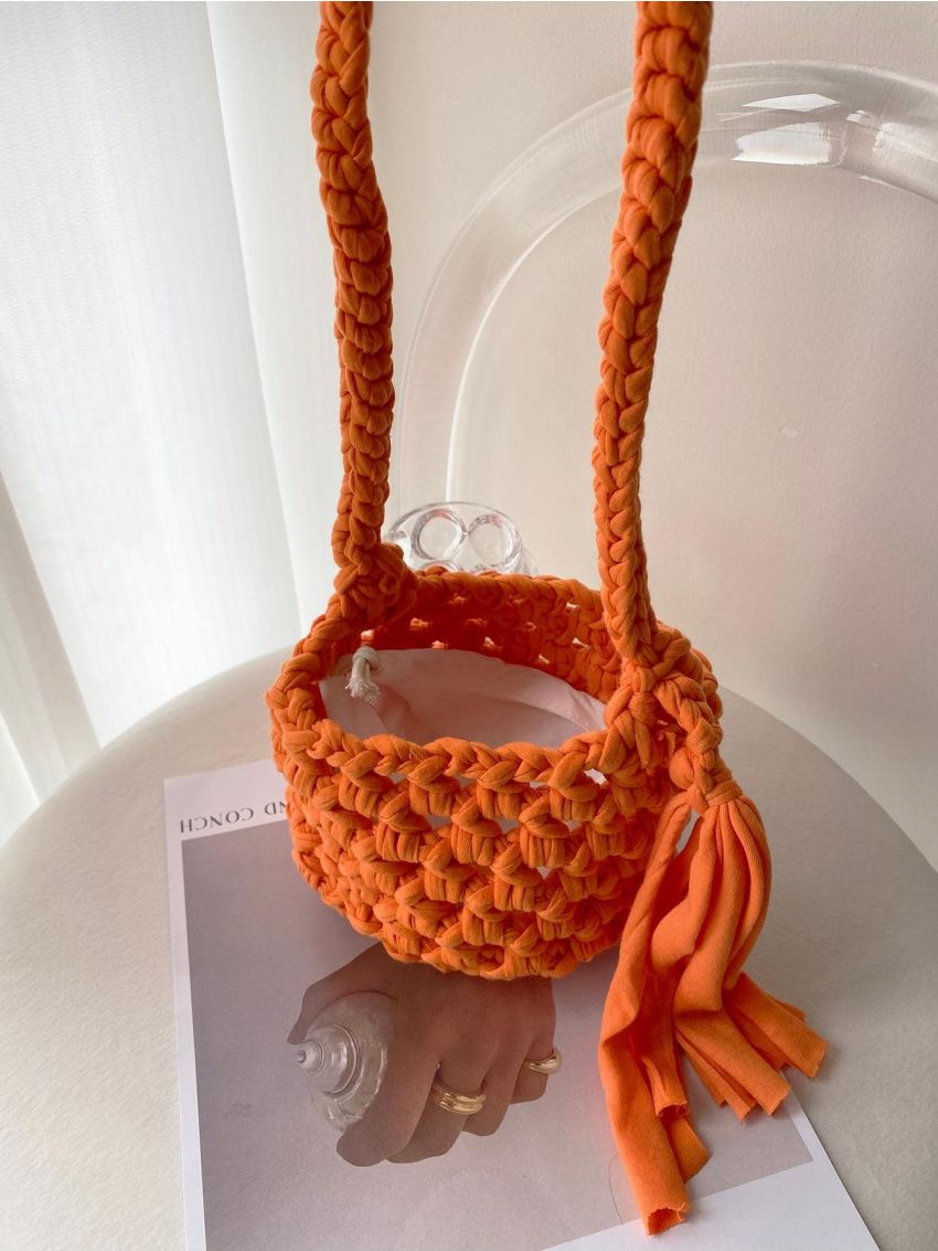 Tassel Decor Crochet Bag Small Orange Hollow Out Design
