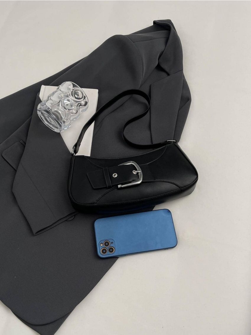 Buckle Decor Baguette Bag Zipper Black Pu