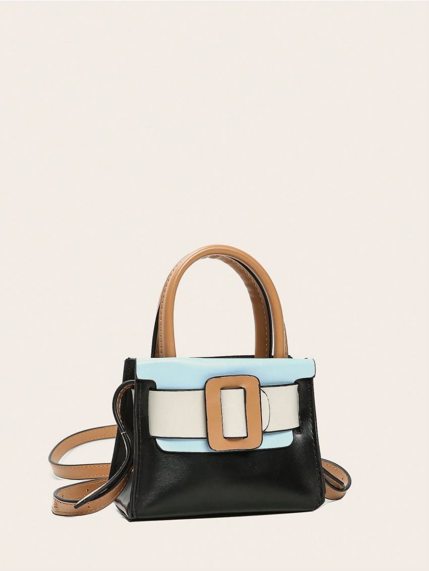 Colorblock Buckle Decor Square Bag Double Handle