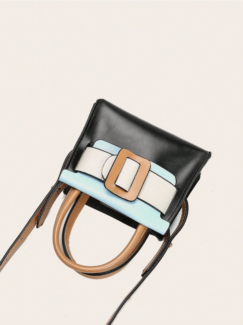 Colorblock Buckle Decor Square Bag Double Handle