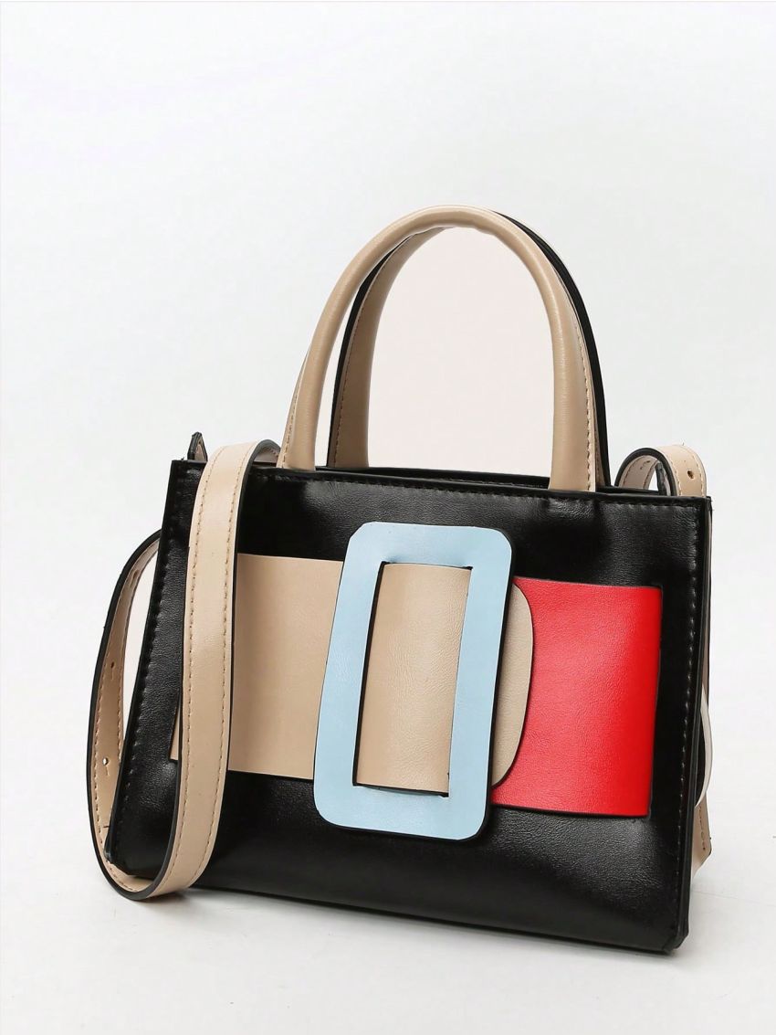 Colorblock Square Bag Buckle Decor Double Handle