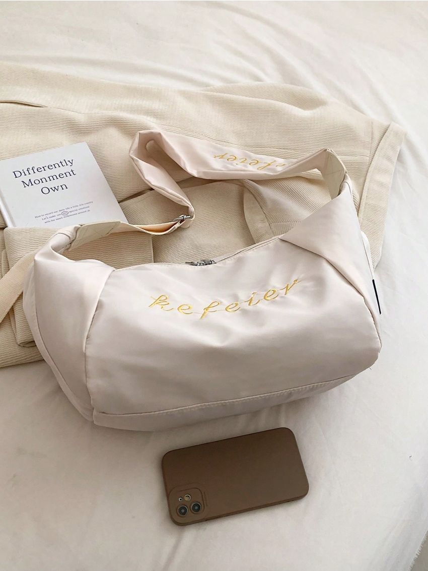 Letter Embroidery Hobo Bag Black Large Capacity Adjustable Strap