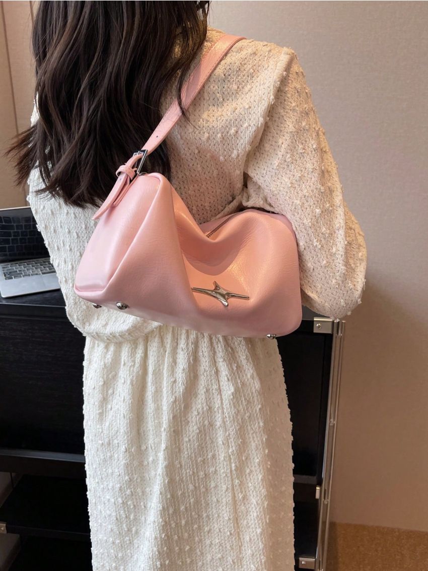 Metal Decor Hobo Bag Adjustable Strap Fashion Style