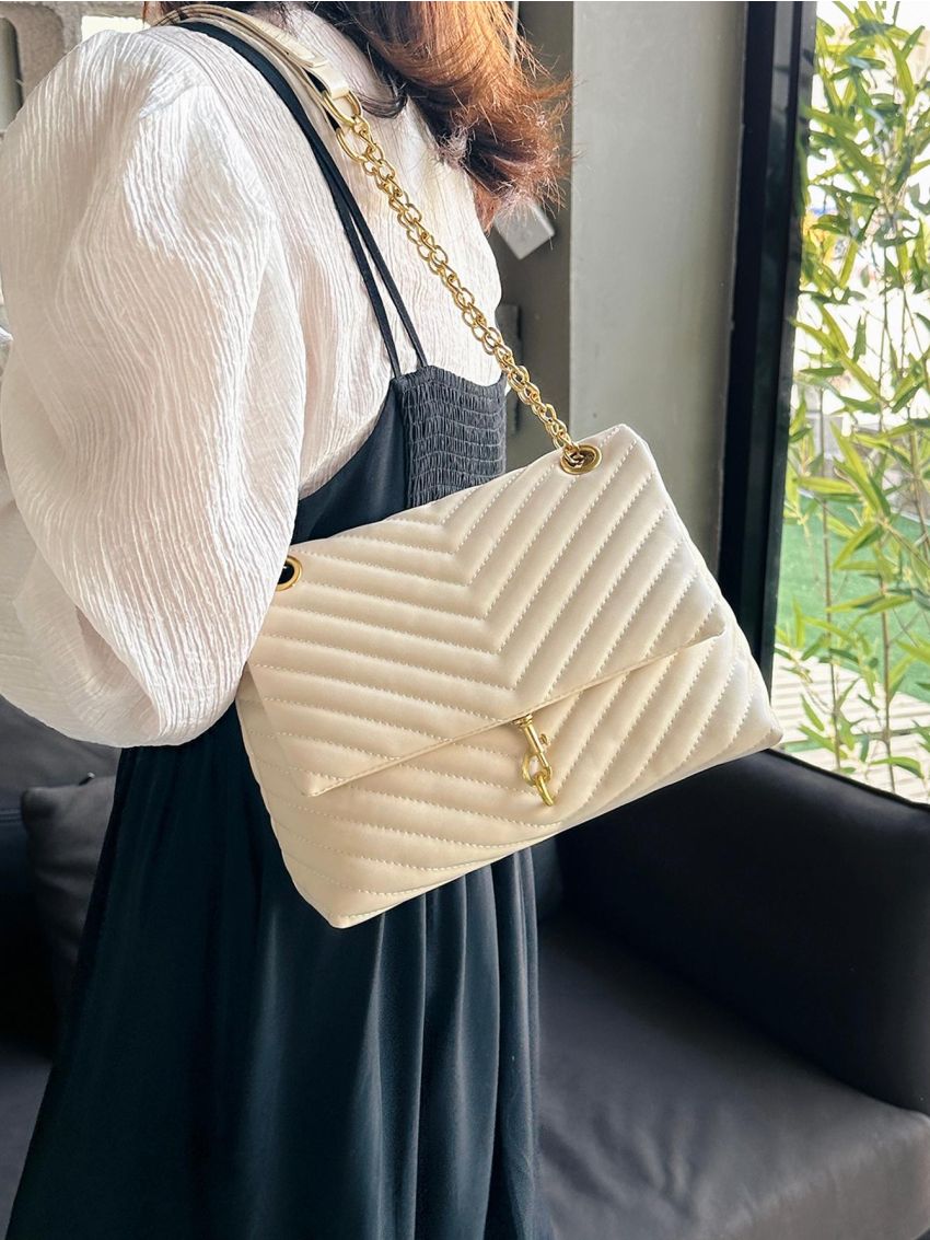 Chevron Quilted Square Bag Flap Chain
