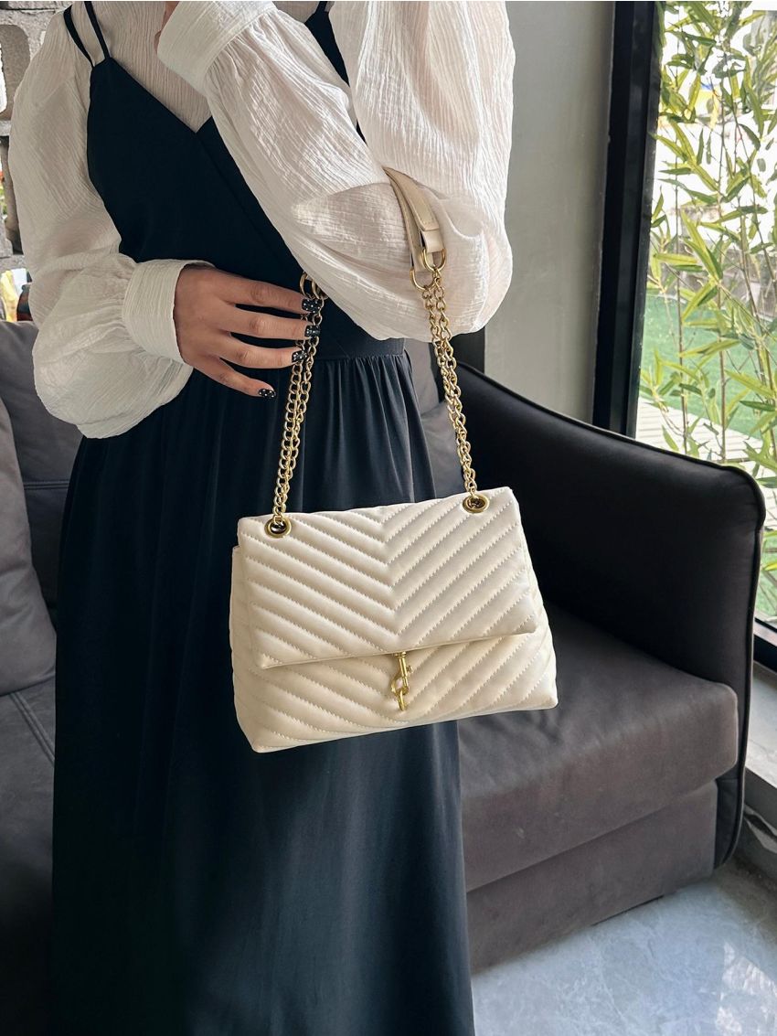 Chevron Quilted Square Bag Flap Chain