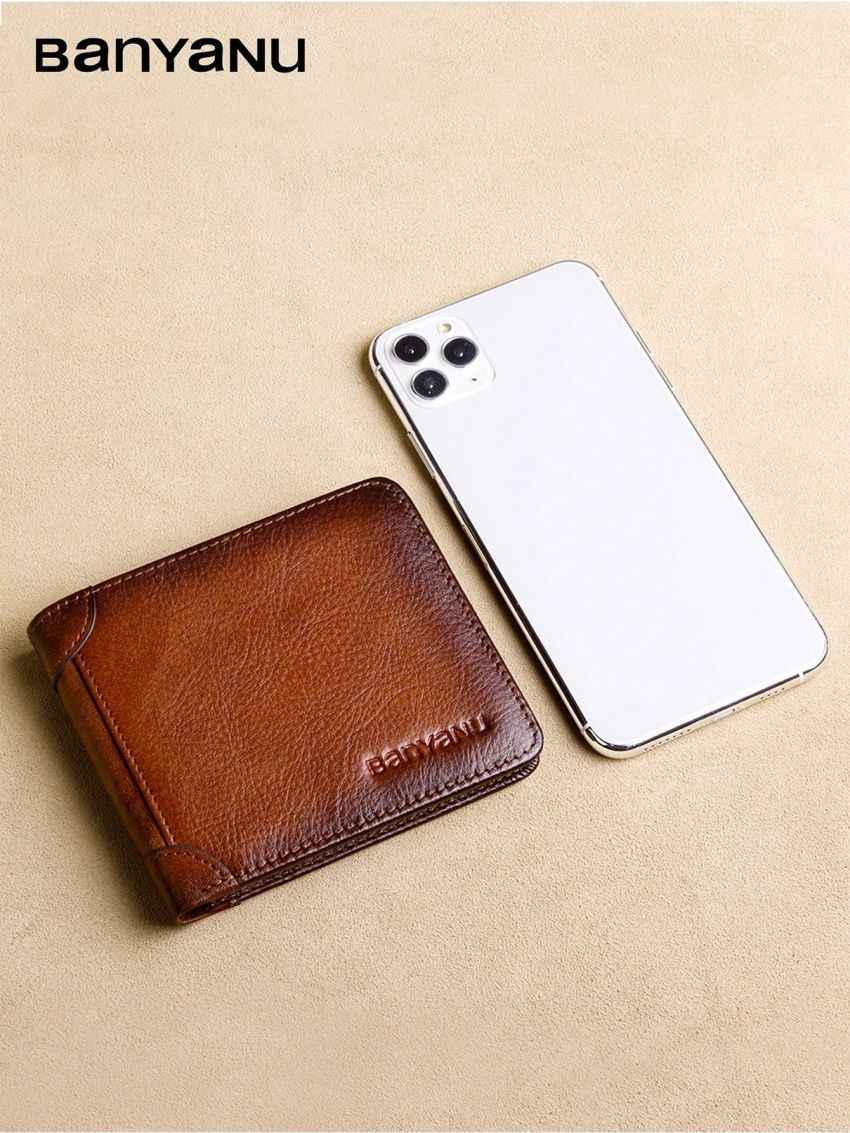 Letter Graphic Small Wallet Brown Genuine Leather With Zipper For Daily