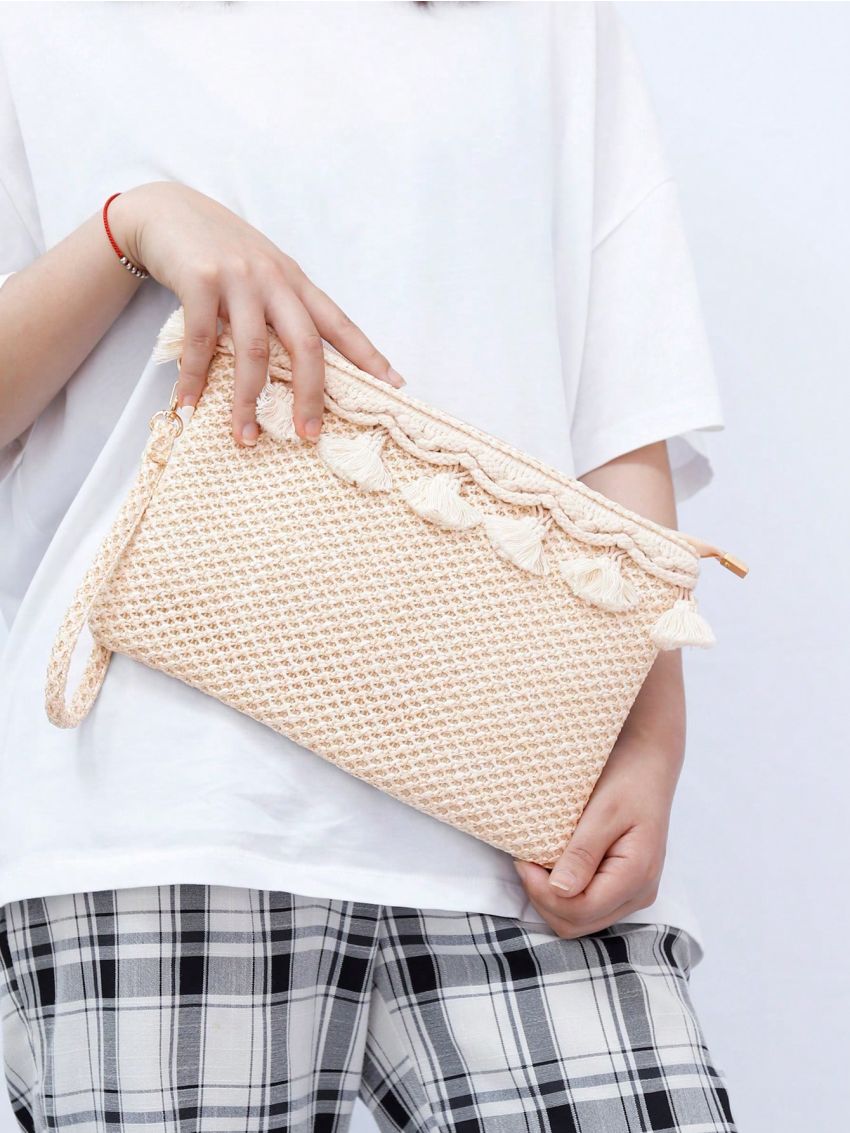 Tassel Decor Straw Bag Fashionable For Vacation