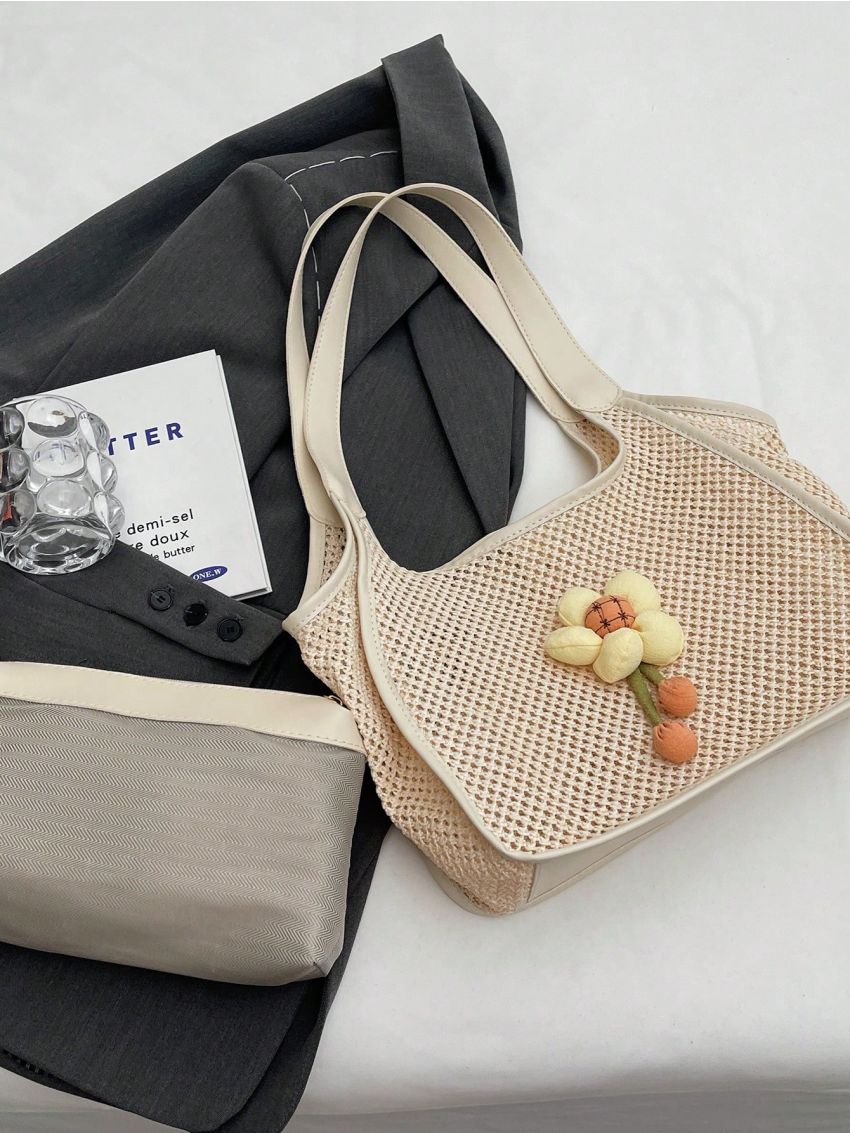 Hollow Out Straw Bag Flower Decor Large Capacity For Vacation