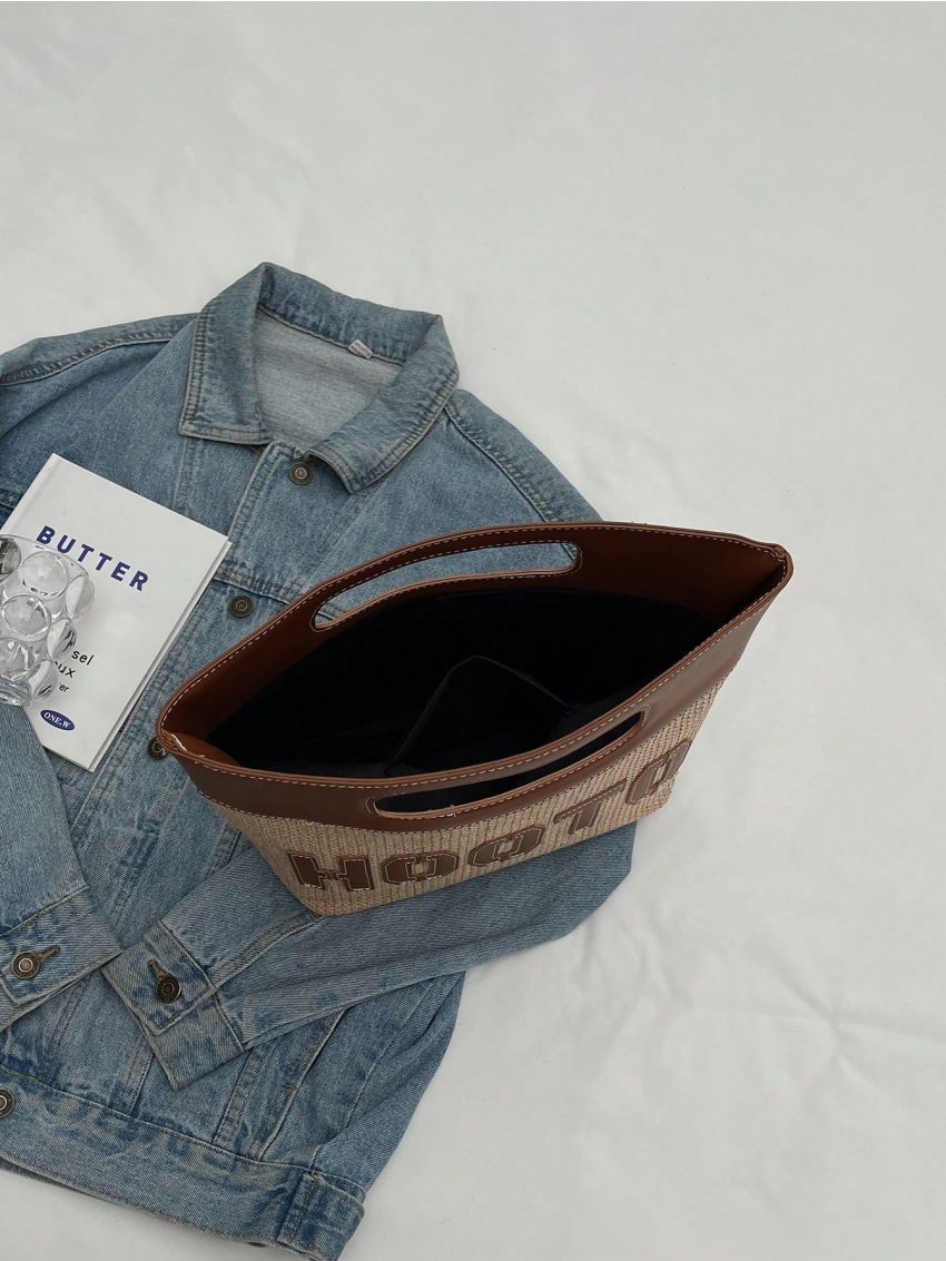 Letter Patch Straw Bag Contrast Binding Fashionable For Vacation