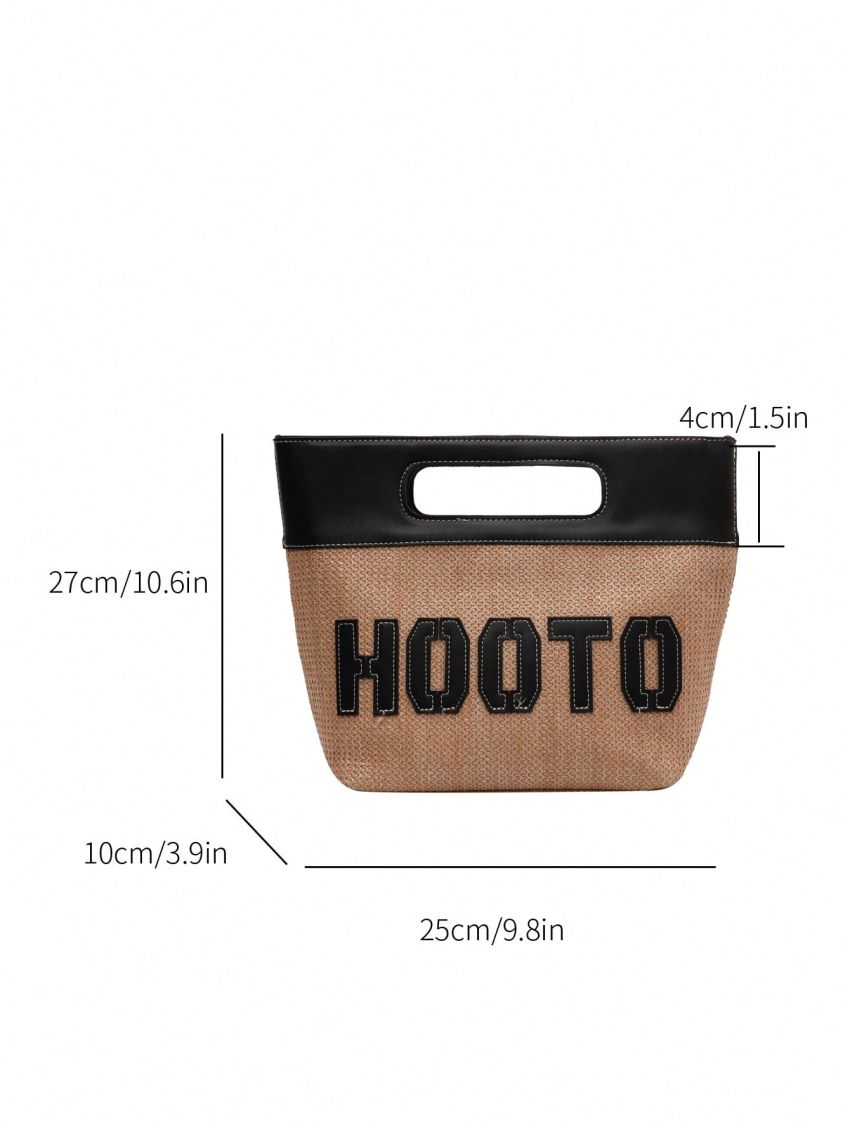 Letter Patch Straw Bag Contrast Binding Fashionable For Vacation