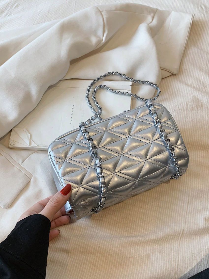 Mini Quilted Square Bag Silver Funky Flap