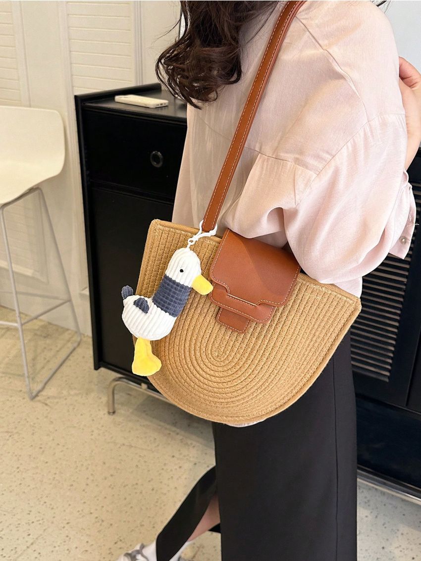 Colorblock Straw Bag Double Handle For Vacation