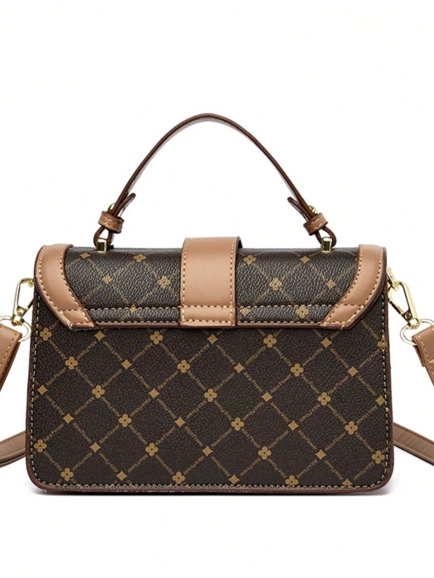 Geometric Pattern Flap Square Bag Contrast Binding Flap For Work