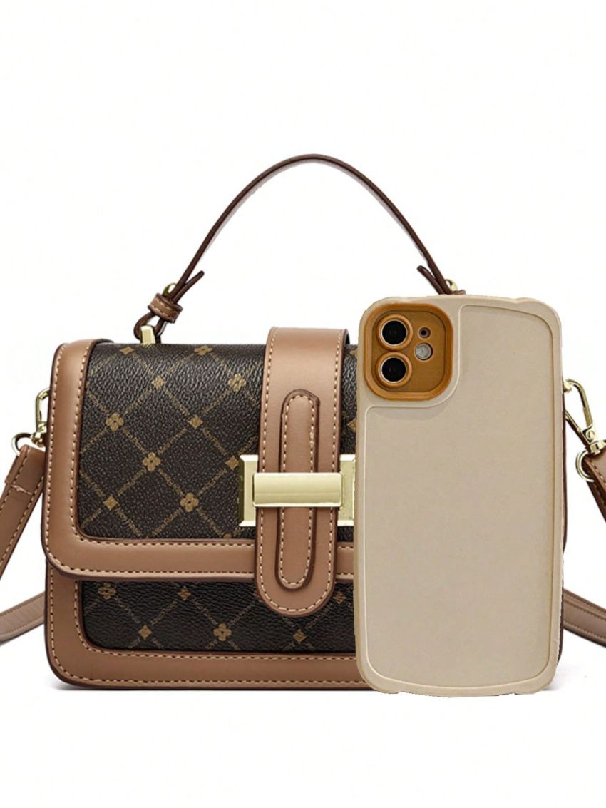 Geometric Pattern Flap Square Bag Contrast Binding Flap For Work