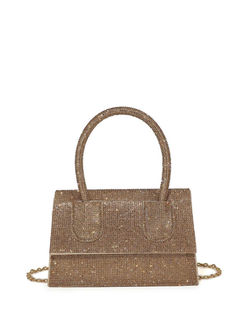 Mini Rhinestone Decor Square Bag Top Handle Glamorous, Perfect Bride Purse For Wedding, Prom & Party Events