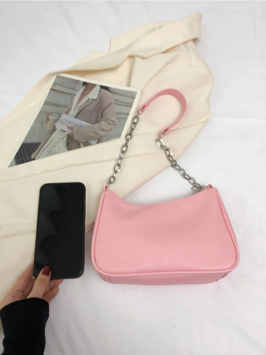 Litchi Embossed Hobo Bag Chain Strap Pink Fashionable