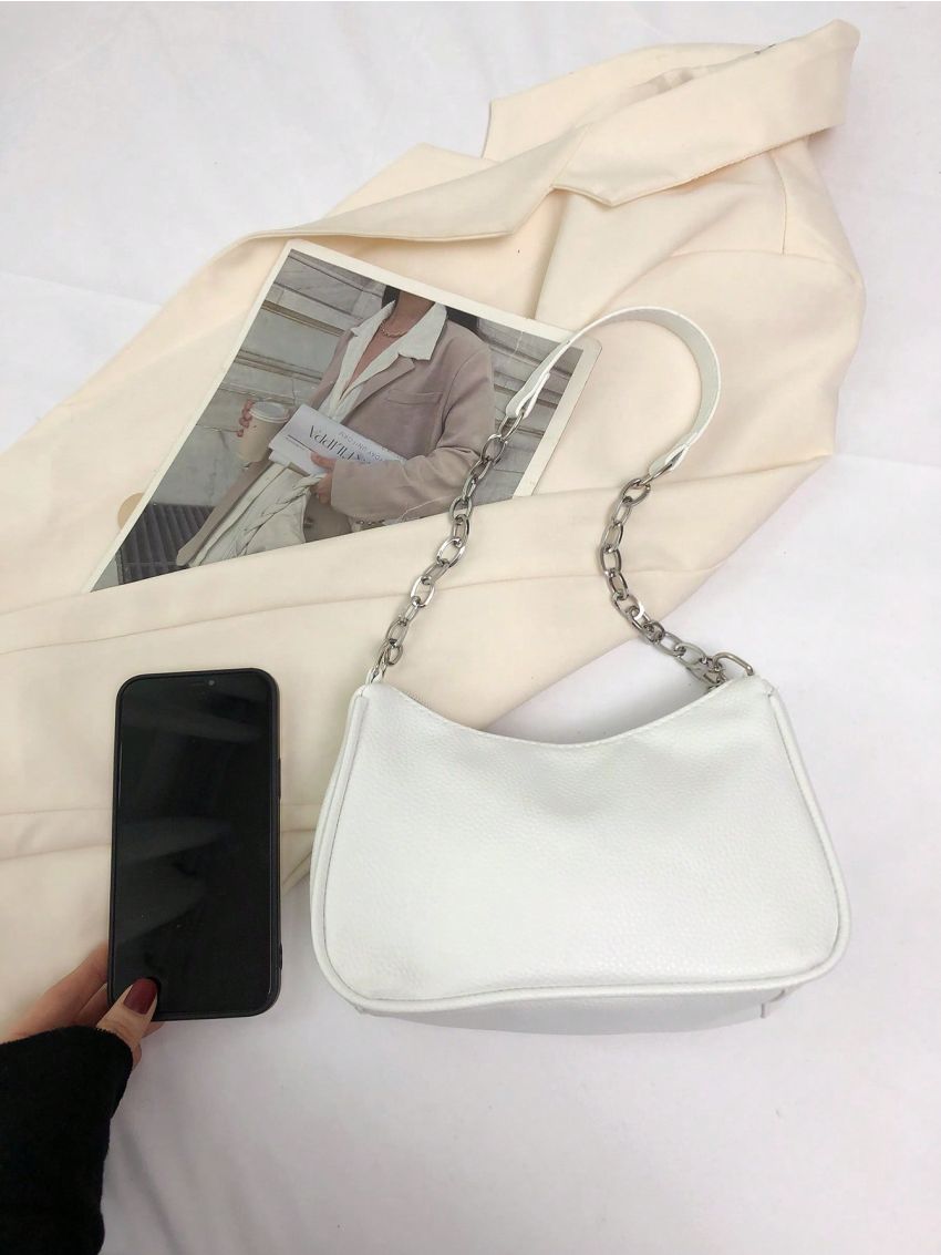 Litchi Embossed Hobo Bag Chain Strap White Fashionable