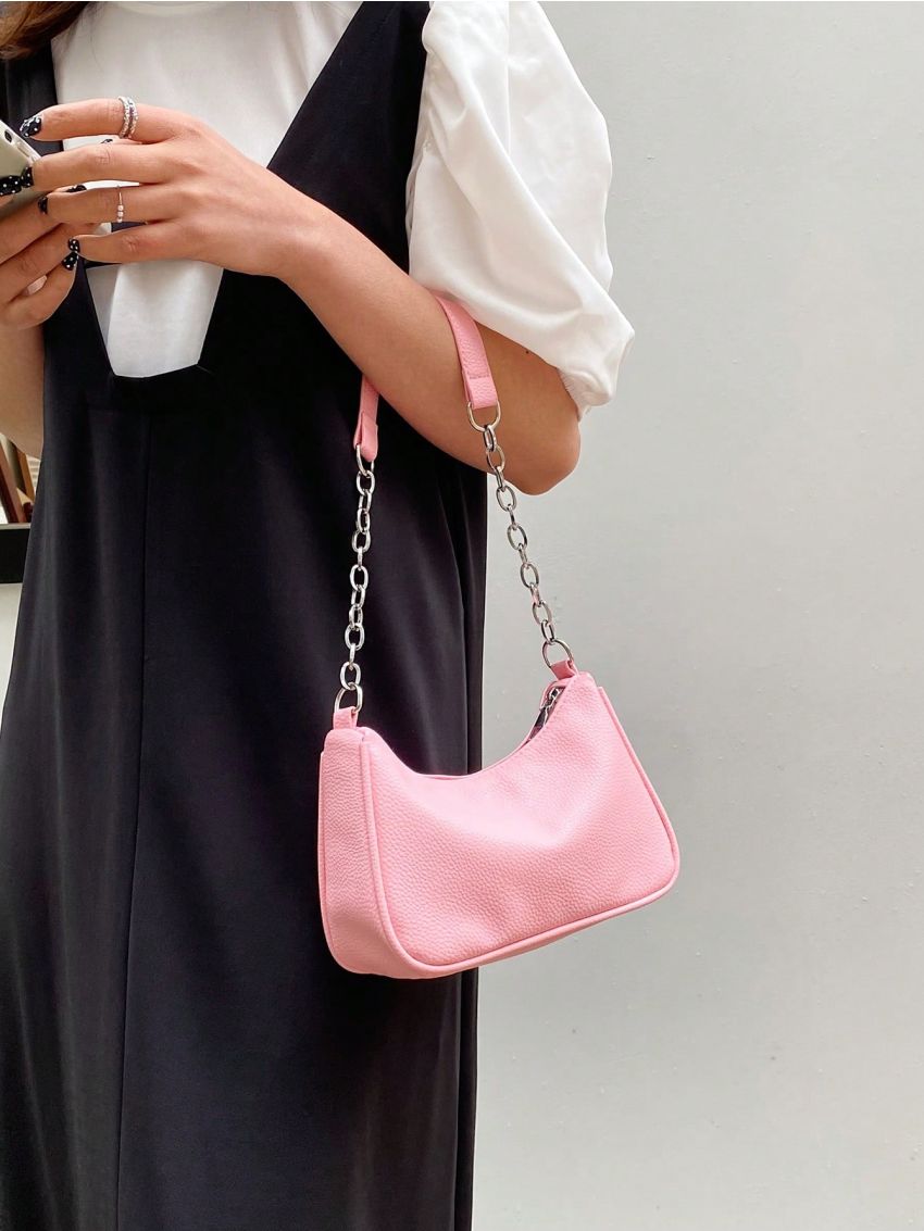 Litchi Embossed Hobo Bag Chain Strap Pink Fashionable