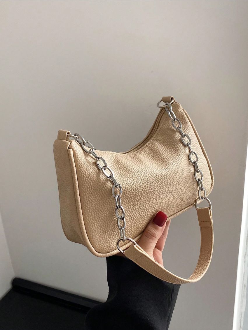 Litchi Embossed Hobo Bag Chain Strap Khaki Fashionable