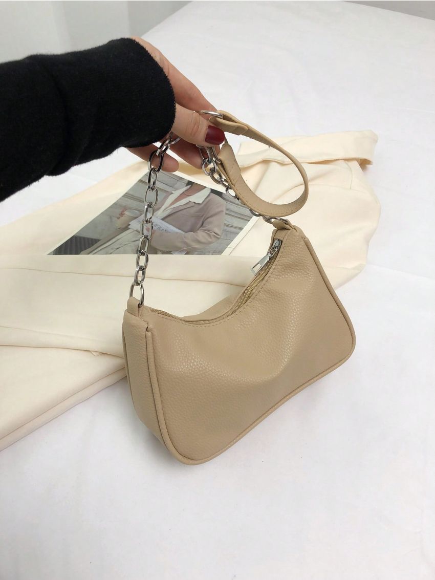 Litchi Embossed Hobo Bag Chain Strap Khaki Fashionable