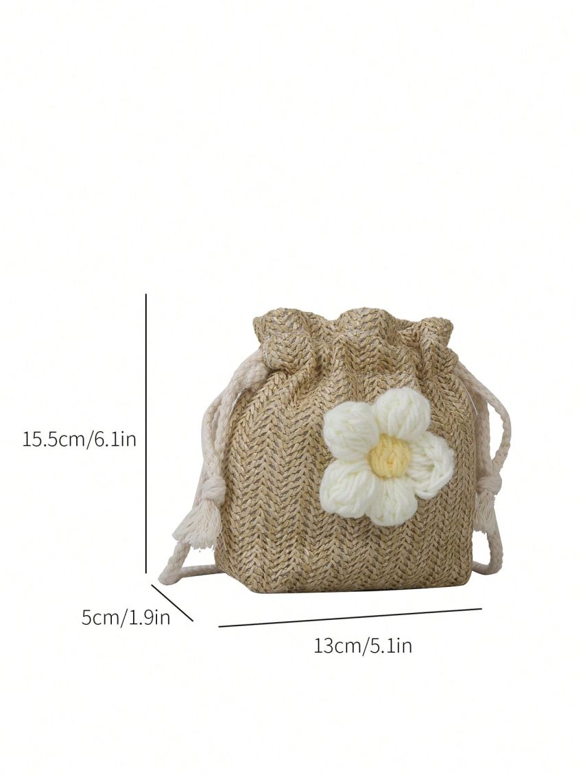 Mini Flower Decor Drawstring Design Straw Bag For Vacation