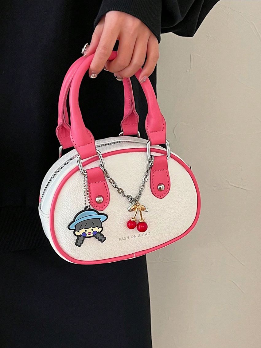 Mini Contrast Binding Circle Bag Chain Decor Double Handle Fashionable