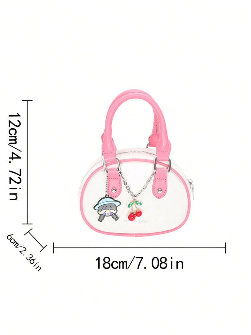 Mini Contrast Binding Circle Bag Chain Decor Double Handle Fashionable