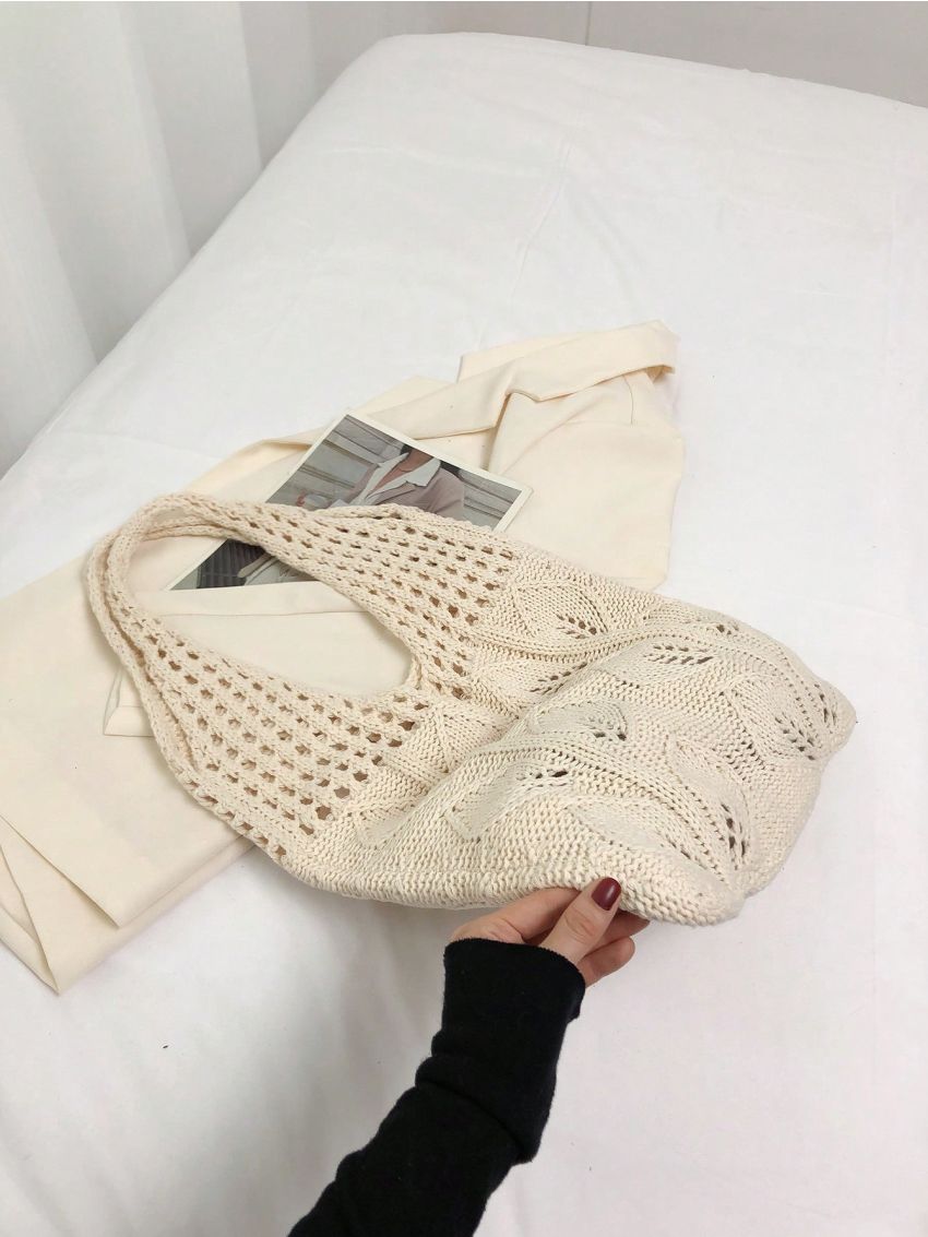 Hollow Out Crochet Bag White Double Handle For Vacation